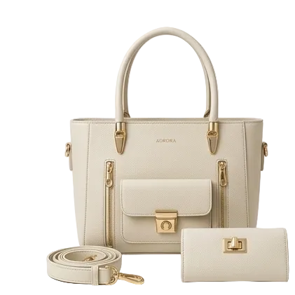 Beige handbag with matching wallet on a white background