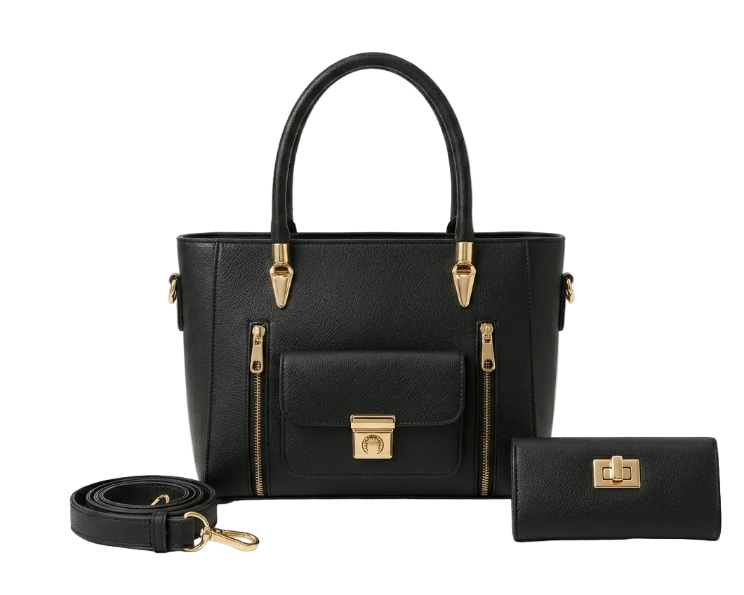 Black handbag with gold accents and matching wallet on a white background