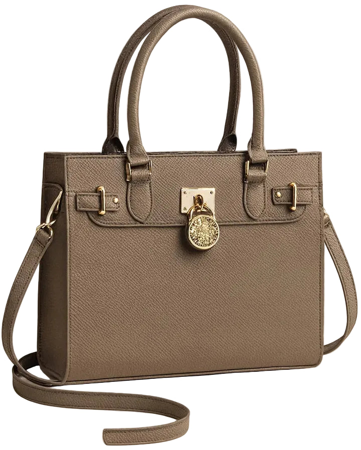 Brown handbag with gold clasp on a beige background
