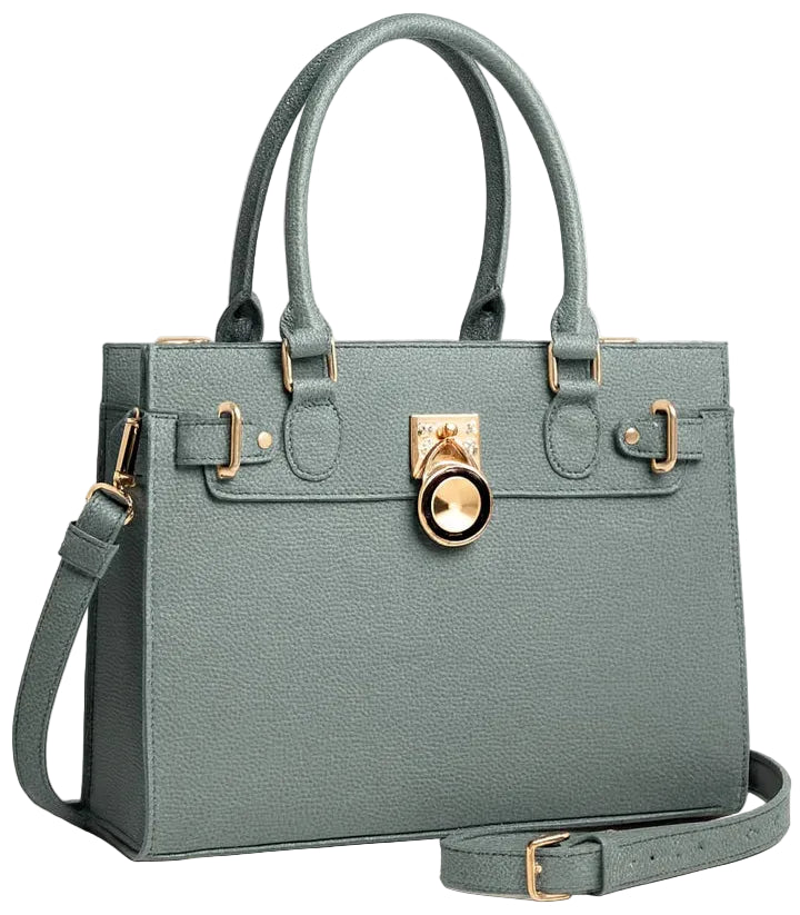 Green handbag with gold accents on a white background