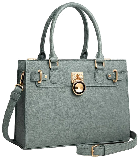 Green handbag with gold accents on a white background