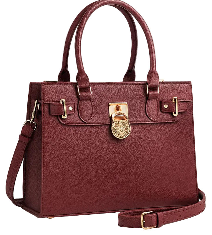 Maroon handbag with gold accents on a light gray background