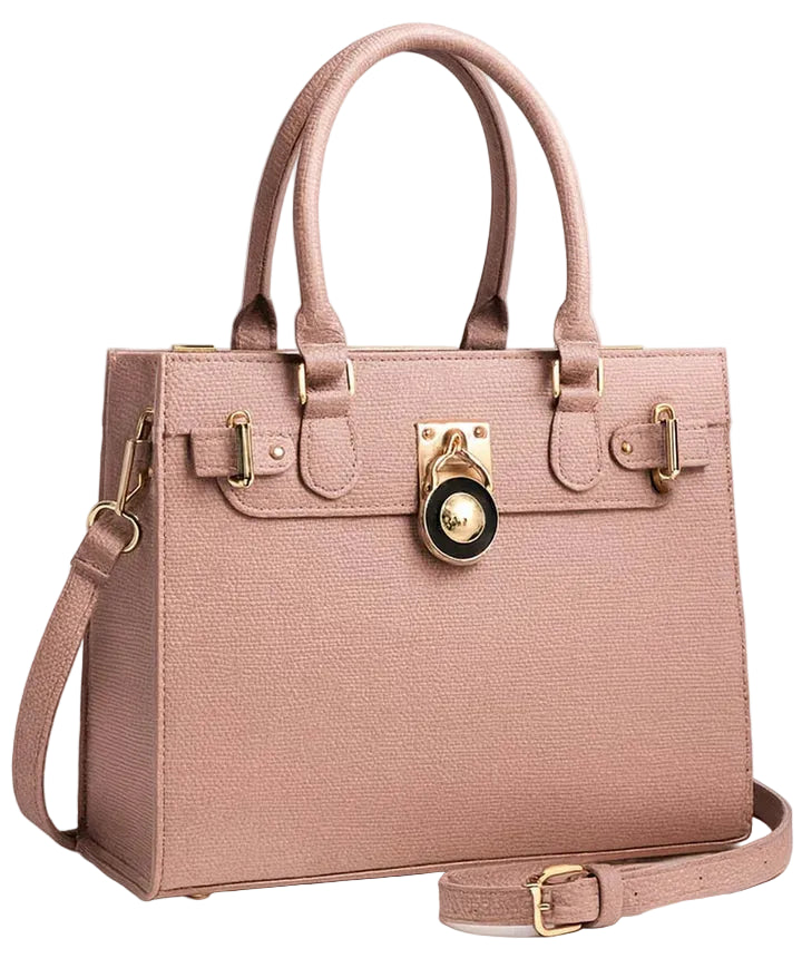 Pink handbag with gold accents on a light gray background