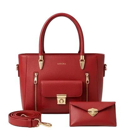 Red handbag with matching strap and wallet on a white background