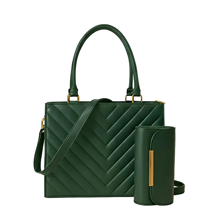 Green handbag with matching wallet on a beige background