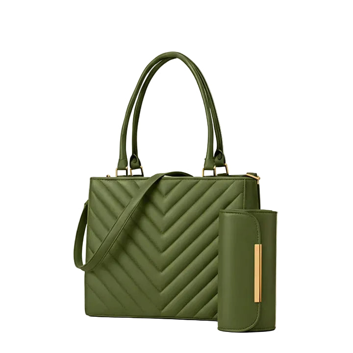 Green handbag with matching pouch on a beige background