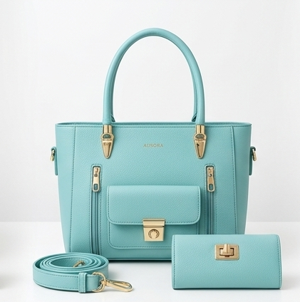 Turquoise handbag with matching wallet on a light gray background