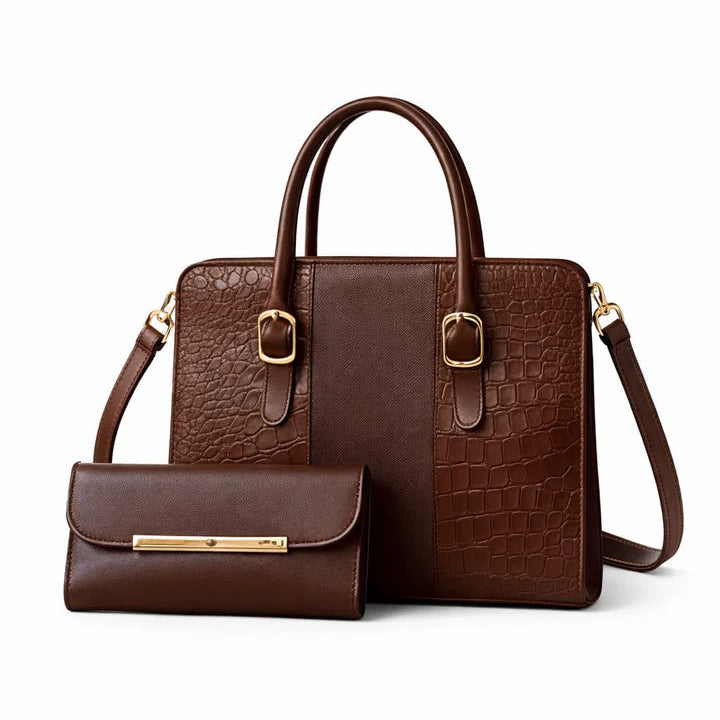 Brown handbag with matching wallet on a white background