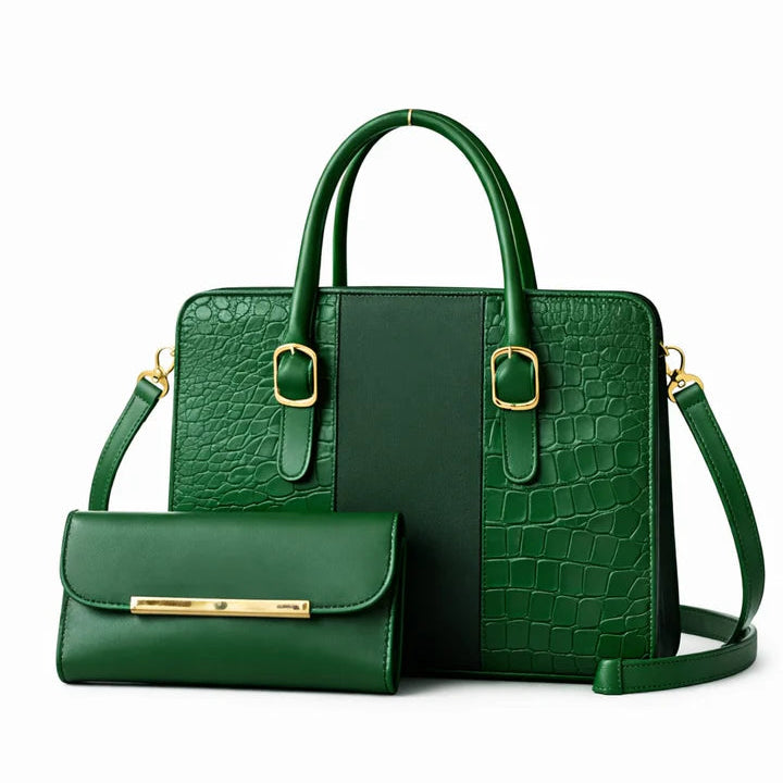Green handbag set with matching wallet on a white background